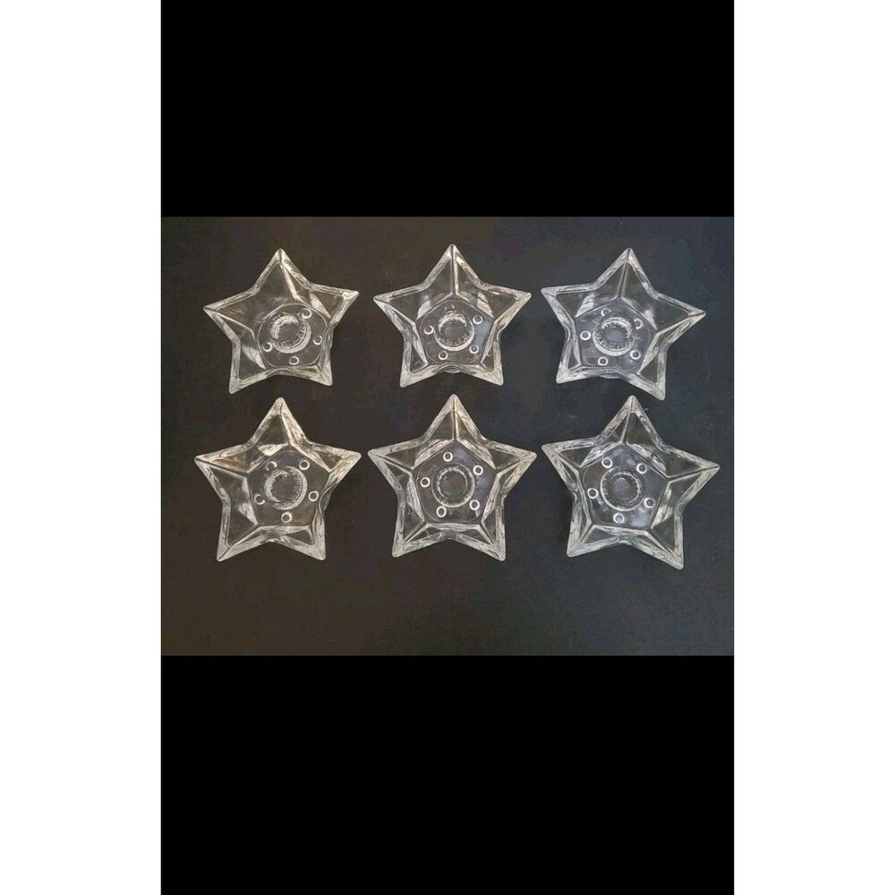 6 Hazel Atlas Glass Clear 5 Point Christmas Star Taper Candle Holders Vtg Set#1